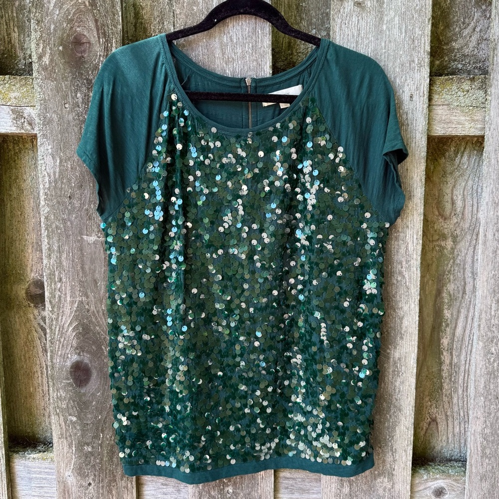 Green Sequin Embellished Short Sleeve Top
